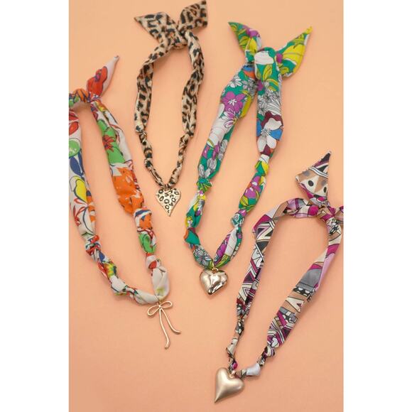 Tropical Green Knotted Scarf Layering Necklace with Flower Charm - Picture 5 of 6